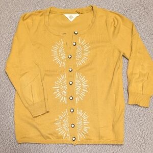 Mustard Yellow Embroidered Cardigan Sweater